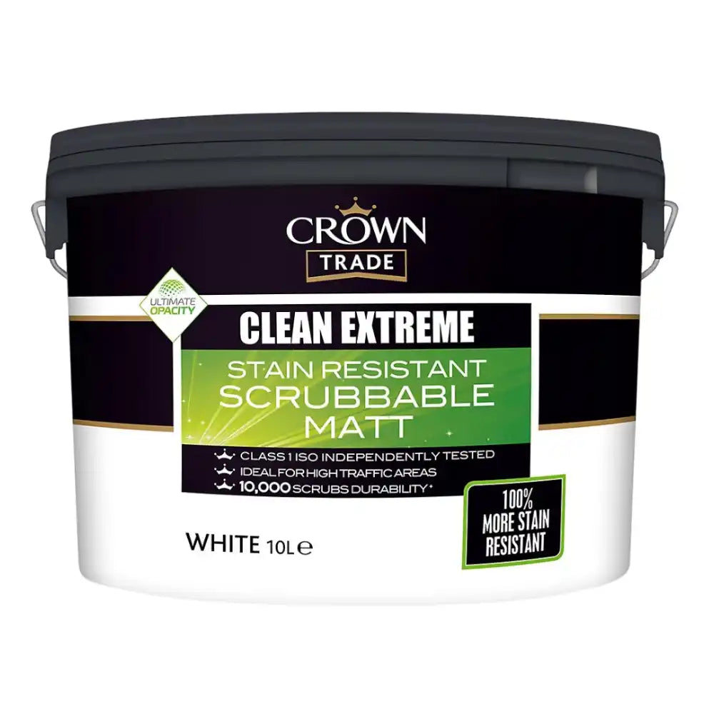 Crown Trade Clean Extreme Matt White – washable matt emulsion paint for tough interior walls 10L