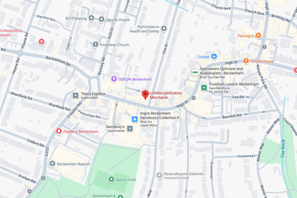 Map of the Beckenham area in London with a pin marking the location of London Decorators Merchants store on Beckenham High Street