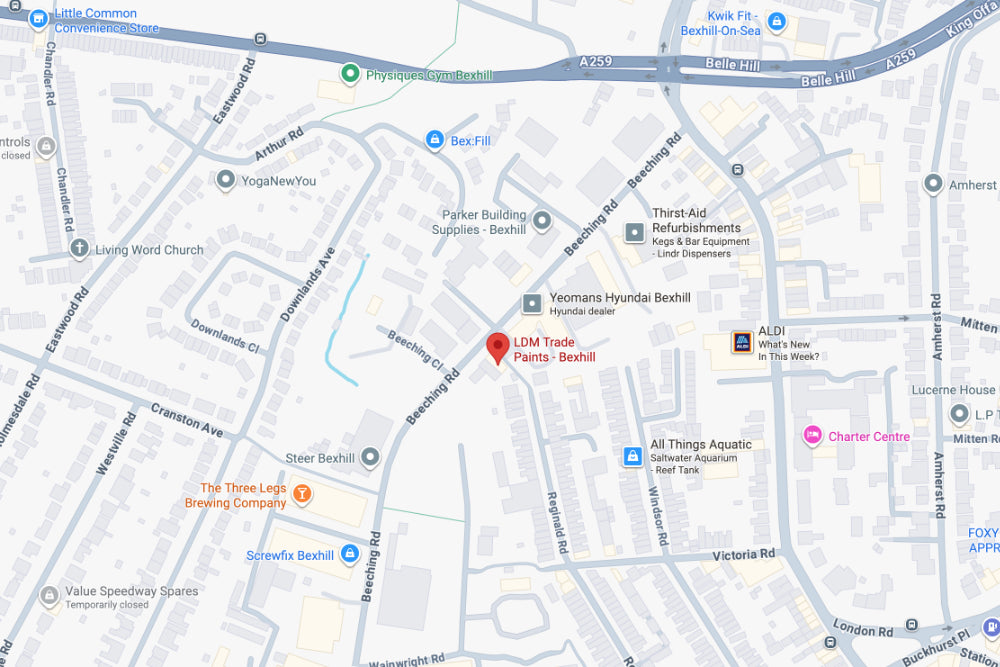 Map of the Bexhill area with a pin marking the location of LDM Trade Paints Bexhill branch off of Beeching Road