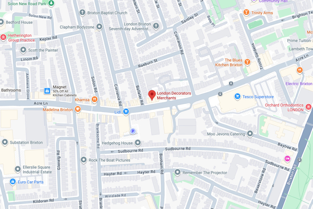 Map of the Brxton area in London with a pin marking the location of London Decorators Merchant branch on Acre Lane
