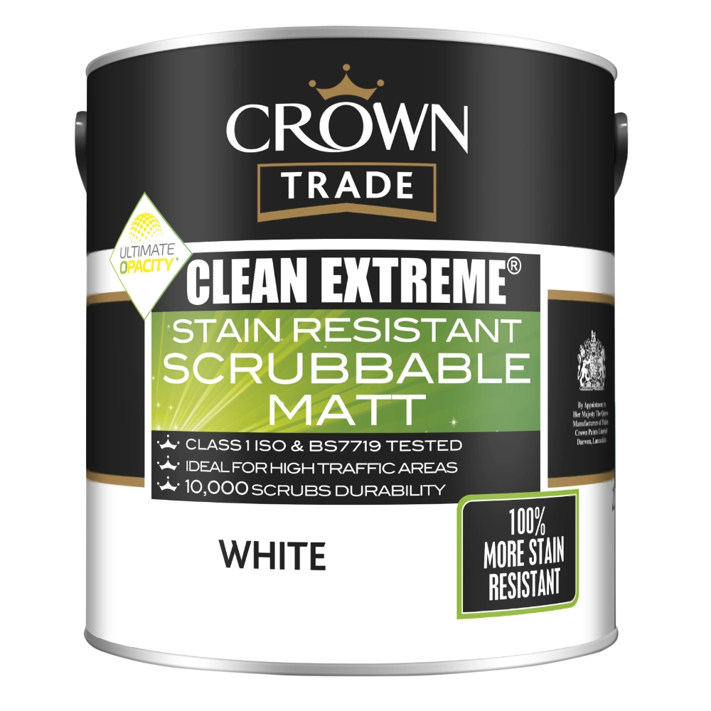 Crown Trade Clean Extreme Matt White – washable matt emulsion paint for tough interior walls 2.5L