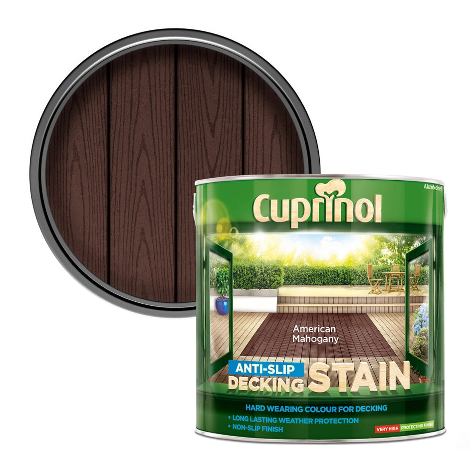Cuprinol Anti-Slip Decking Stain can with American Mahogany colour swatch