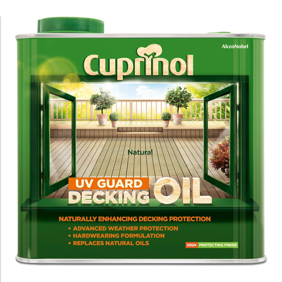 Cuprinol UV Guard Decking Oil can with a deck background on a white background