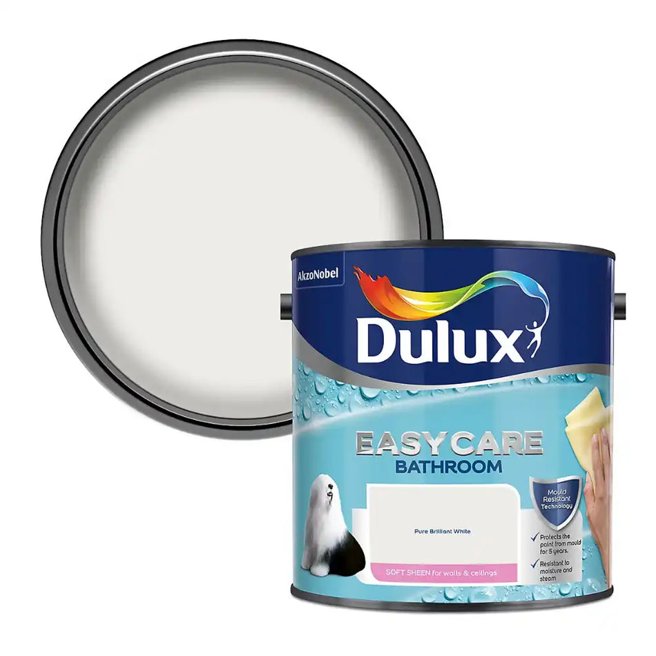 Dulux Easycare Bathroom paint can with open lid showing pure brilliant white paint