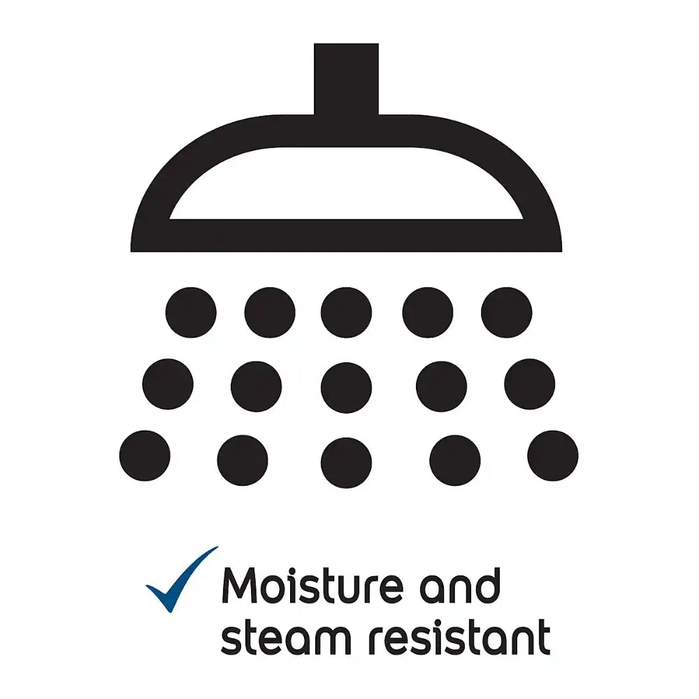 Black shower head icon with 'Moisture and steam resistant' text on a white background