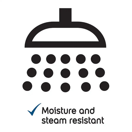 Black shower head icon with 'Moisture and steam resistant' text on a white background