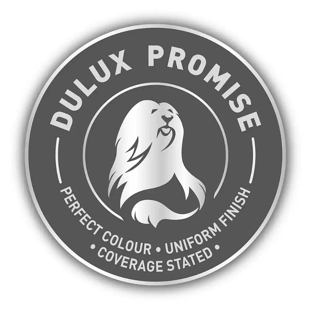Dulux Promise logo with a Dulux dog emblem on a gray background