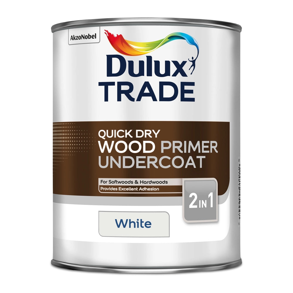 Dulux Trade quick dry wood primer undercoat can on a white background