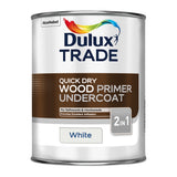 Dulux Trade quick dry wood primer undercoat can on a white background