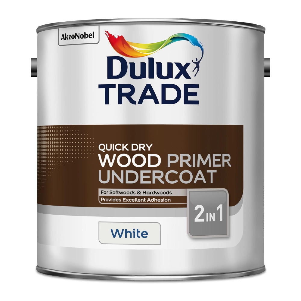 Dulux Trade quick dry wood primer undercoat can on a white background