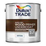 Dulux Trade quick dry wood primer undercoat can on a white background