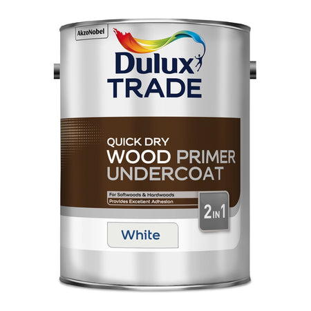 Dulux Trade quick dry wood primer undercoat can on a white background