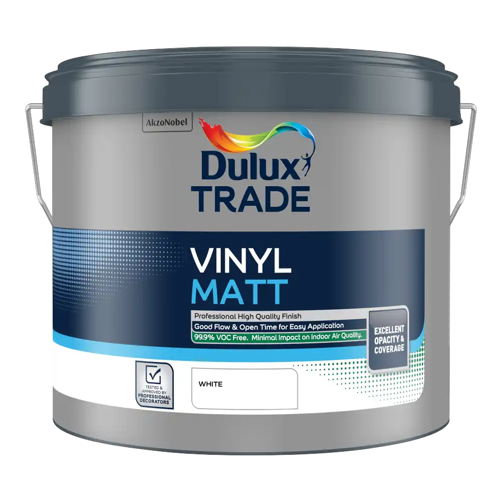 Dulux Trade Vinyl Matt White 10L – durable matt emulsion for interior walls and ceilings