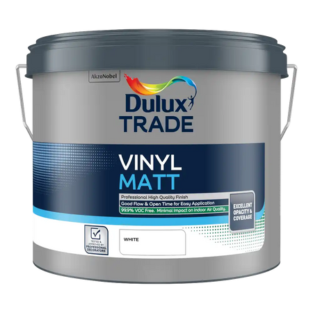 Dulux Trade Vinyl Matt White 10L – durable matt emulsion for interior walls and ceilings
