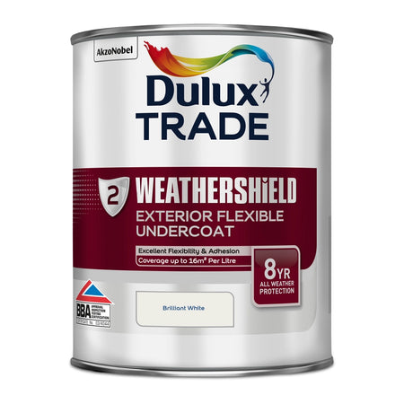 Dulux Trade Weathershield exterior flexible undercoat can on a white background