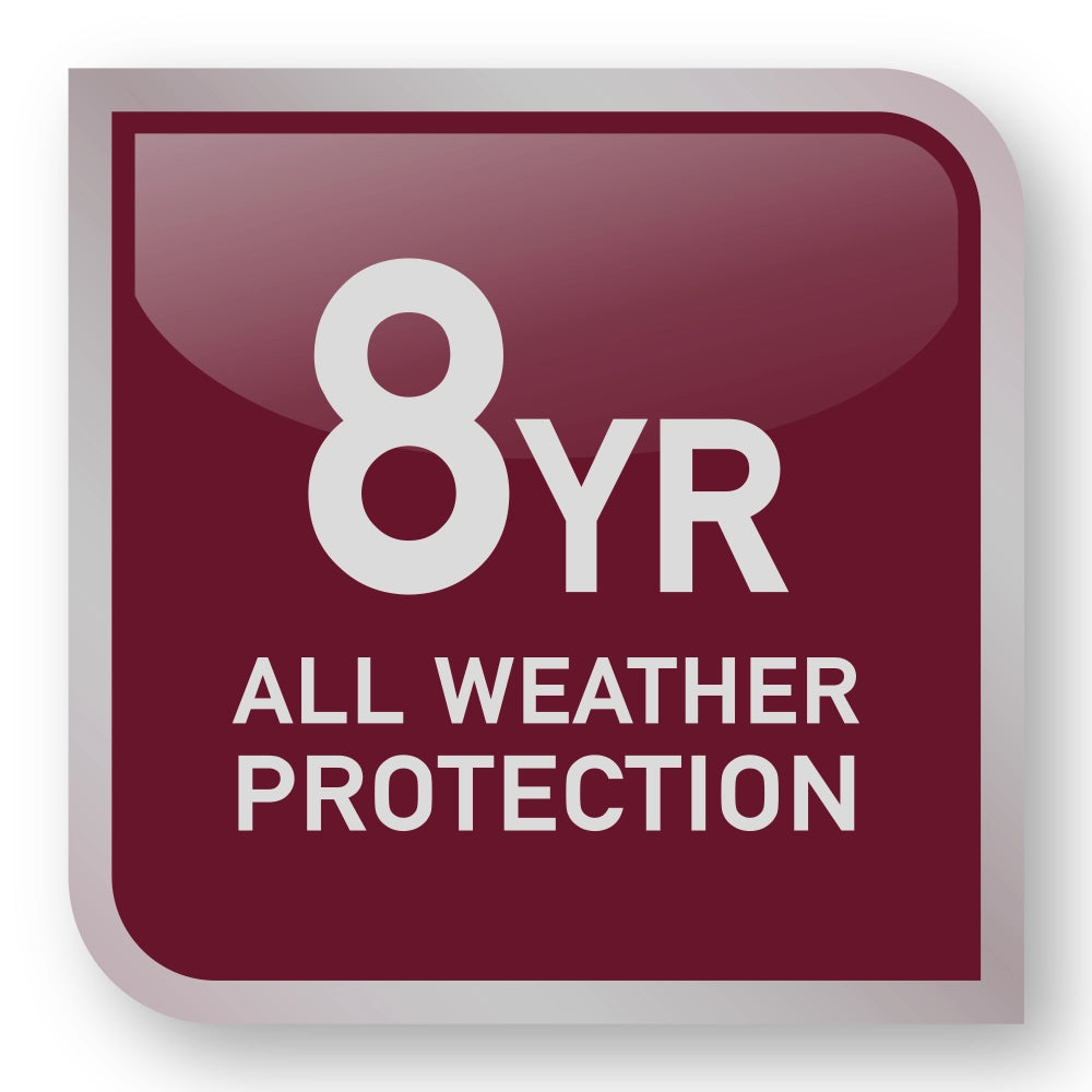 Red square with '8 YR ALL WEATHER PROTECTION' text on a white background
