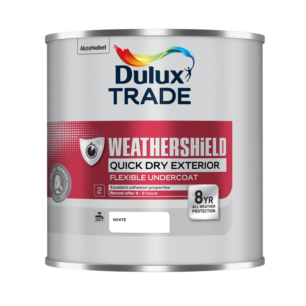 Dulux Trade Weathershield paint can on a white background
