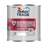Dulux Trade Weathershield paint can on a white background