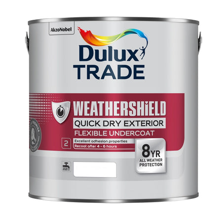 Dulux Trade paint can with Weathershield Quick Dry Exterior Flexible Undercoat label on a white background
