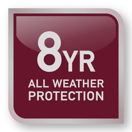 Red square with '8 YR ALL WEATHER PROTECTION' text on a white background