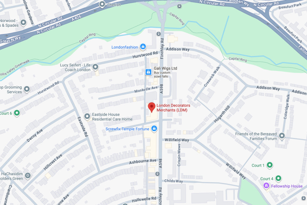 Map of the Finchley area with a pin marking the location of London Decorating Merchants Finchley Branch on Finchley Road