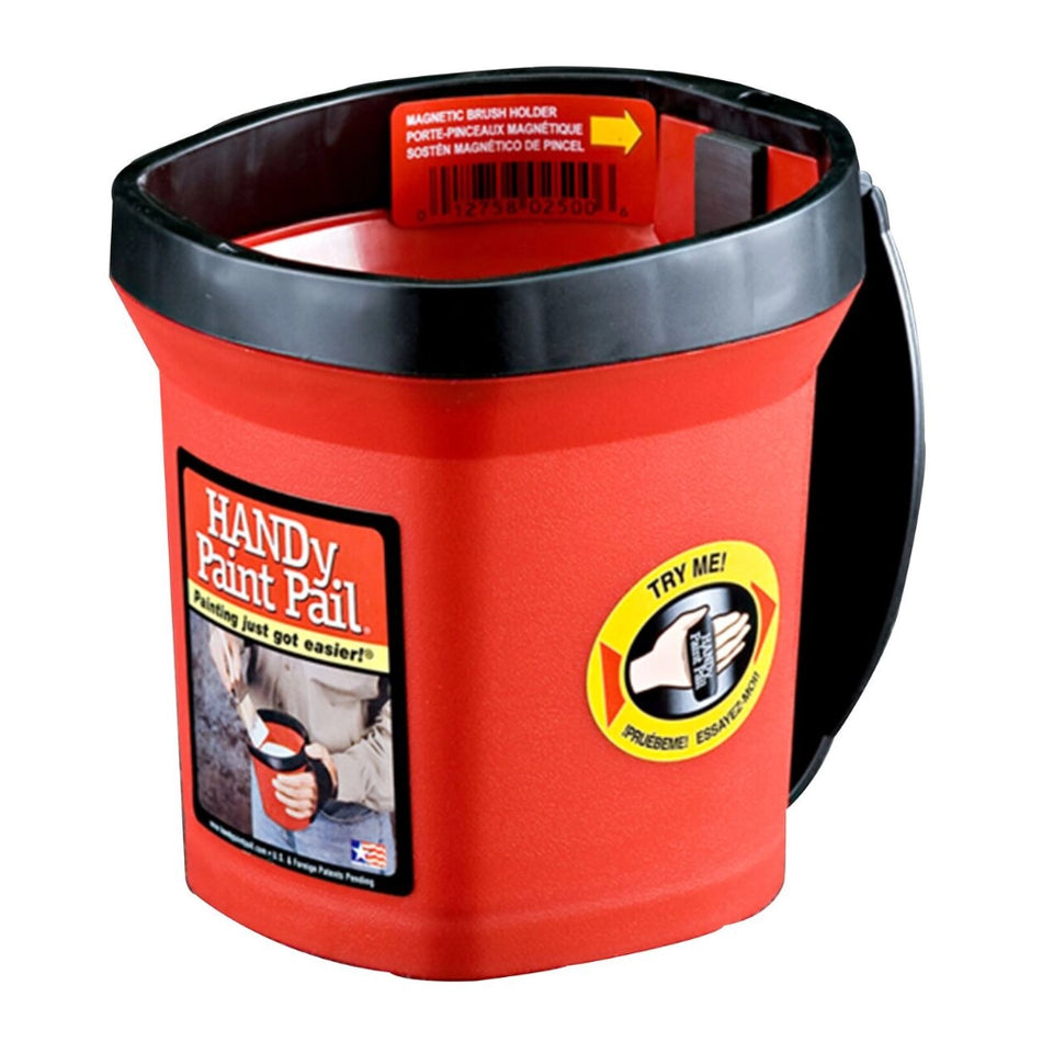Red Handy Paint Pail with black rim and handle on a white background