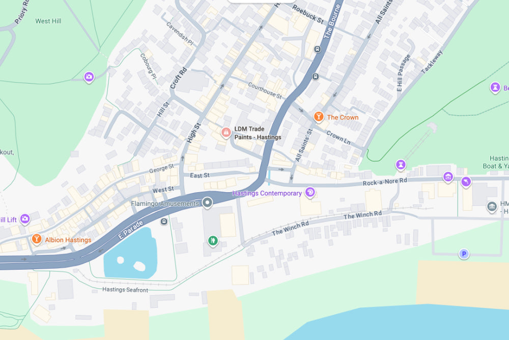 Map of Hastings Town centre with a pin marking the location of LDM Trade Paints branch on Winding Street