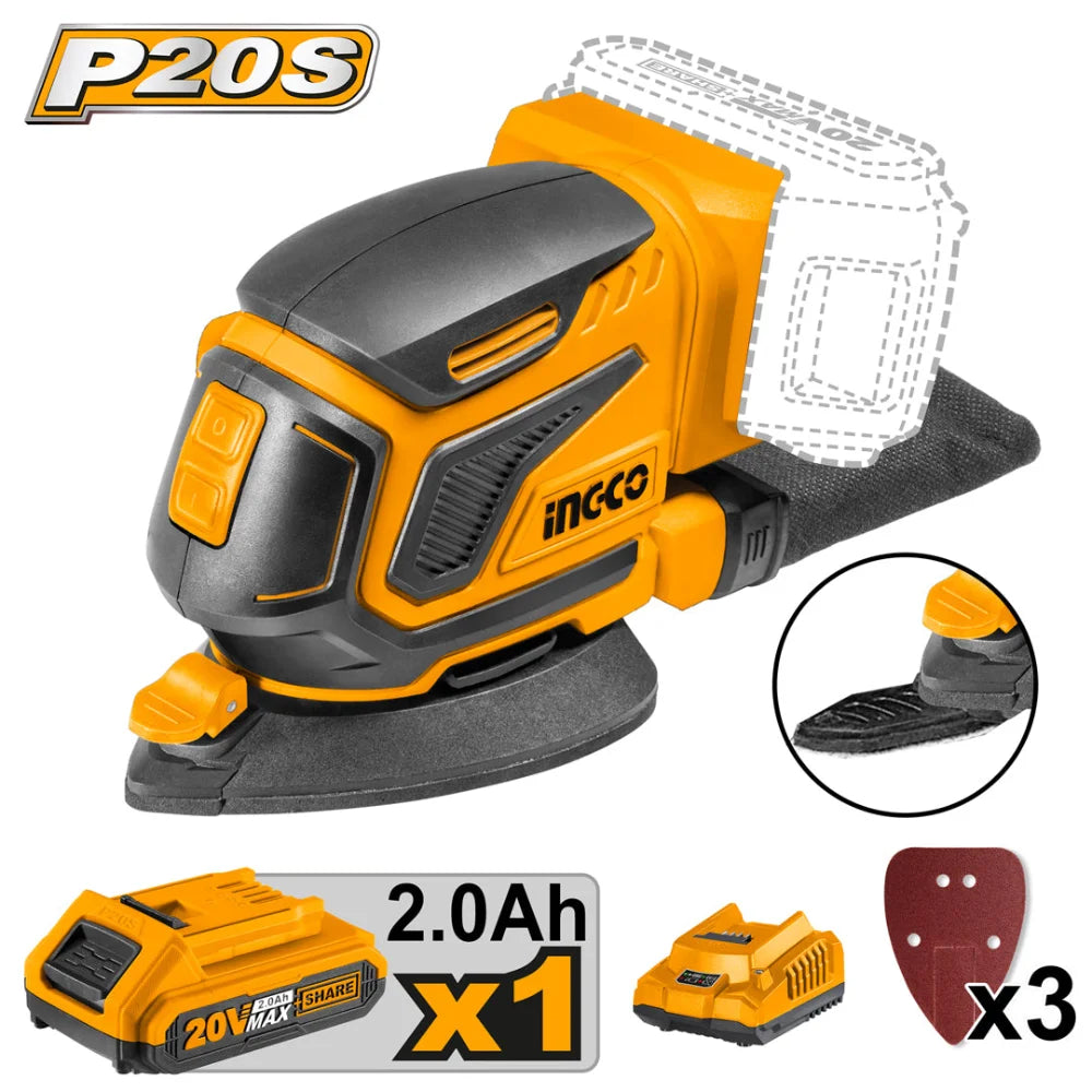 INGCO 20V cordless palm sander kit CDSLI20511 – battery sander with charger and battery