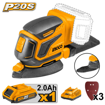 INGCO 20V cordless palm sander kit CDSLI20511 – battery sander with charger and battery