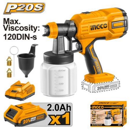 INGCO 20V cordless spray gun kit CSGLI20406 – battery paint sprayer with nozzles and battery