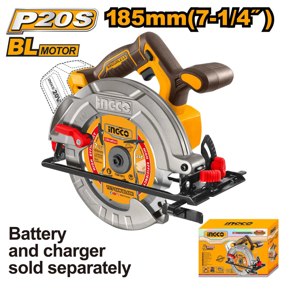 INGCO 20V 185mm cordless circular saw (body only) CSLI1851 – battery circular saw for straight cuts
