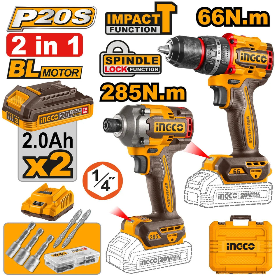 INGCO 20V Cordless 2 Piece Combo Kit - Drill driver and impact driver kit