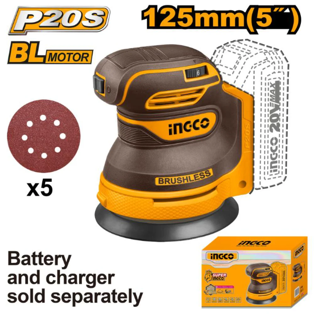 INGCO 20V 125mm random orbit sander (body only) CROSLI2002 – cordless ROS for smooth sanding