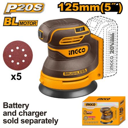 INGCO 20V 125mm random orbit sander (body only) CROSLI2002 – cordless ROS for smooth sanding