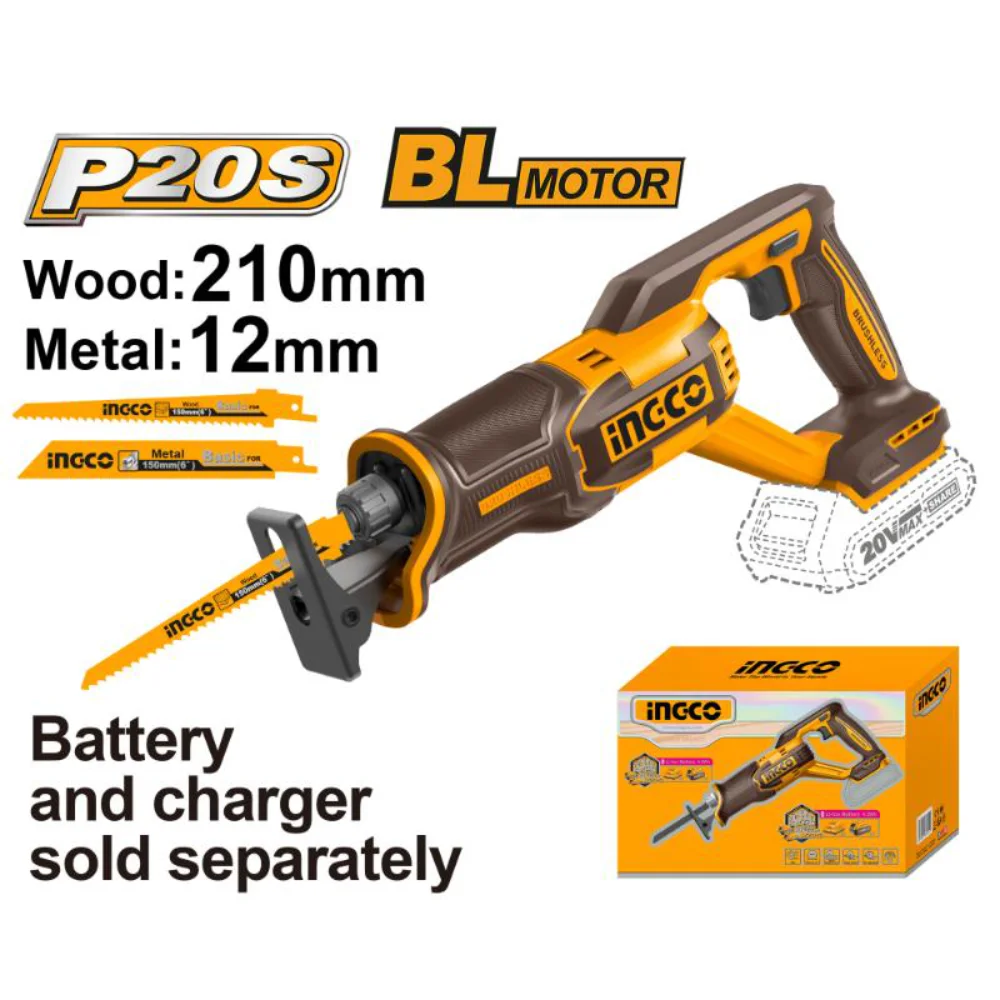 INGCO 20V cordless reciprocating saw – battery-powered recip saw for fast demolition cuts