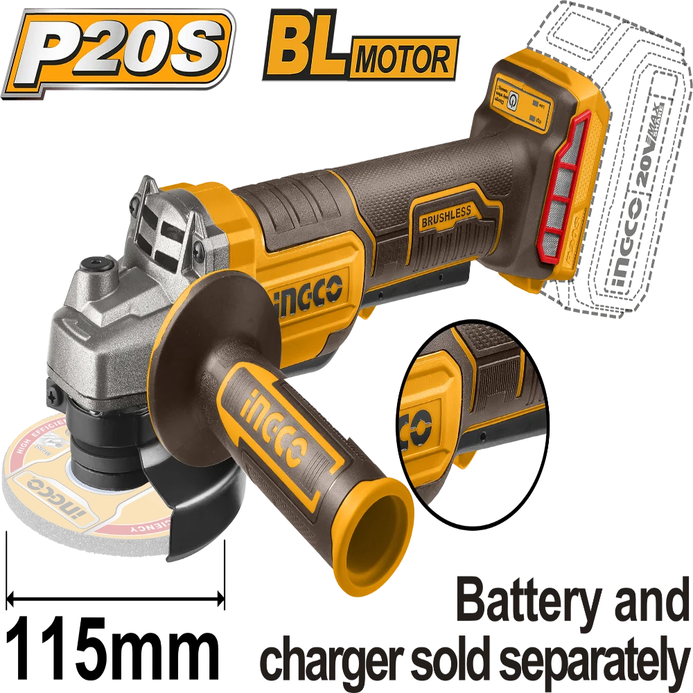 INGCO 20V brushless cordless angle grinder (body only) CAGLI21153 – battery 115mm grinder