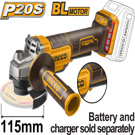 INGCO 20V brushless cordless angle grinder (body only) CAGLI21153 – battery 115mm grinder