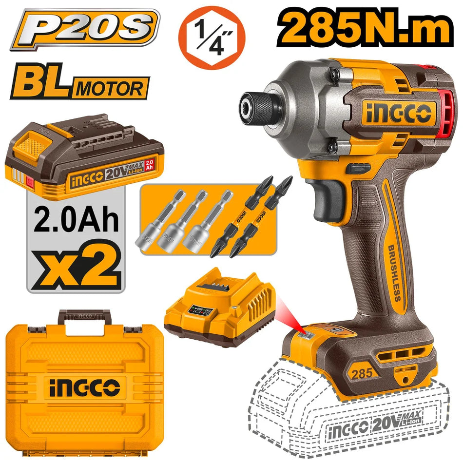 INGCO 20V brushless impact driver kit CIRLI2028E – cordless impact driver with battery and charger