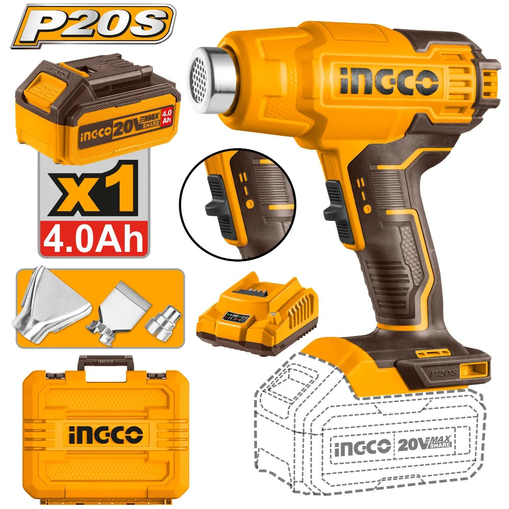 INGCO 20V cordless heat gun kit HGLI20025 – battery heat gun with battery and charger