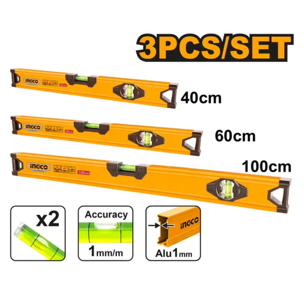 INGCO spirit level bar set 400/600/1000mm HSL10403 – 3-piece level set for accurate levelling
