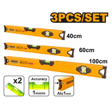 INGCO spirit level bar set 400/600/1000mm HSL10403 – 3-piece level set for accurate levelling
