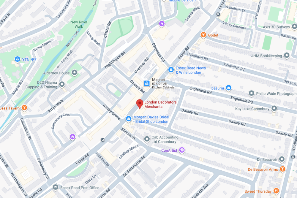 Map of the Islington are with a pin marking London Decorators Merchants on Essex road