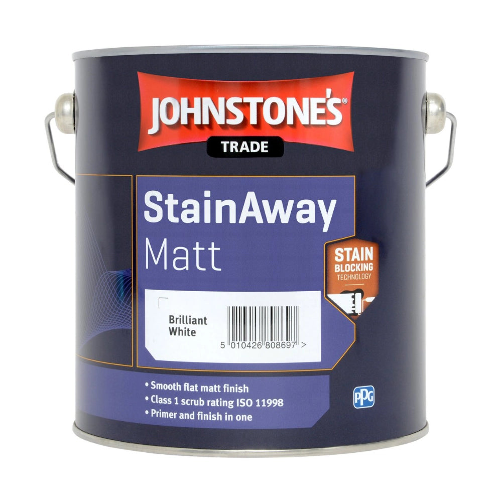 Johnstones StainAway Matt paint can on a white background