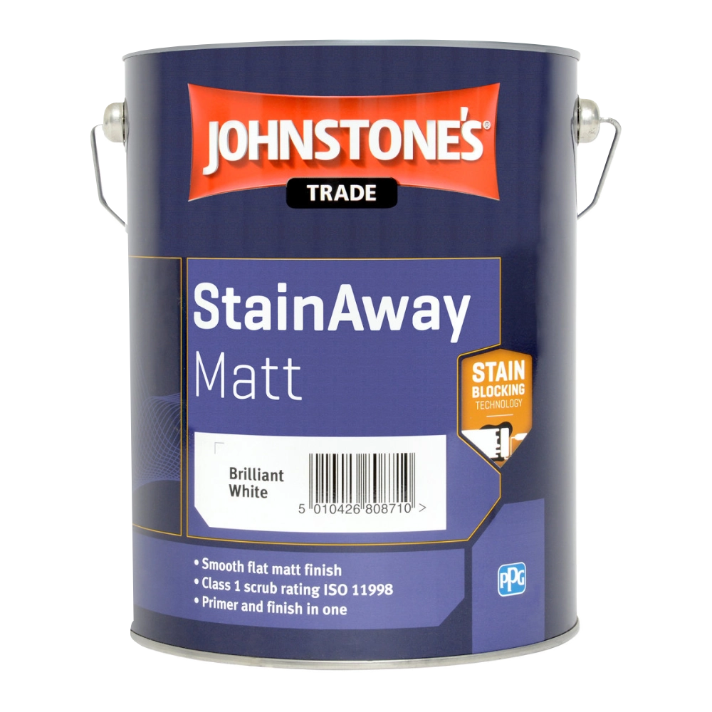 Johnstone's StainAway Matt paint can on a white background