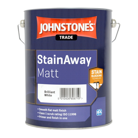 Johnstone's StainAway Matt paint can on a white background