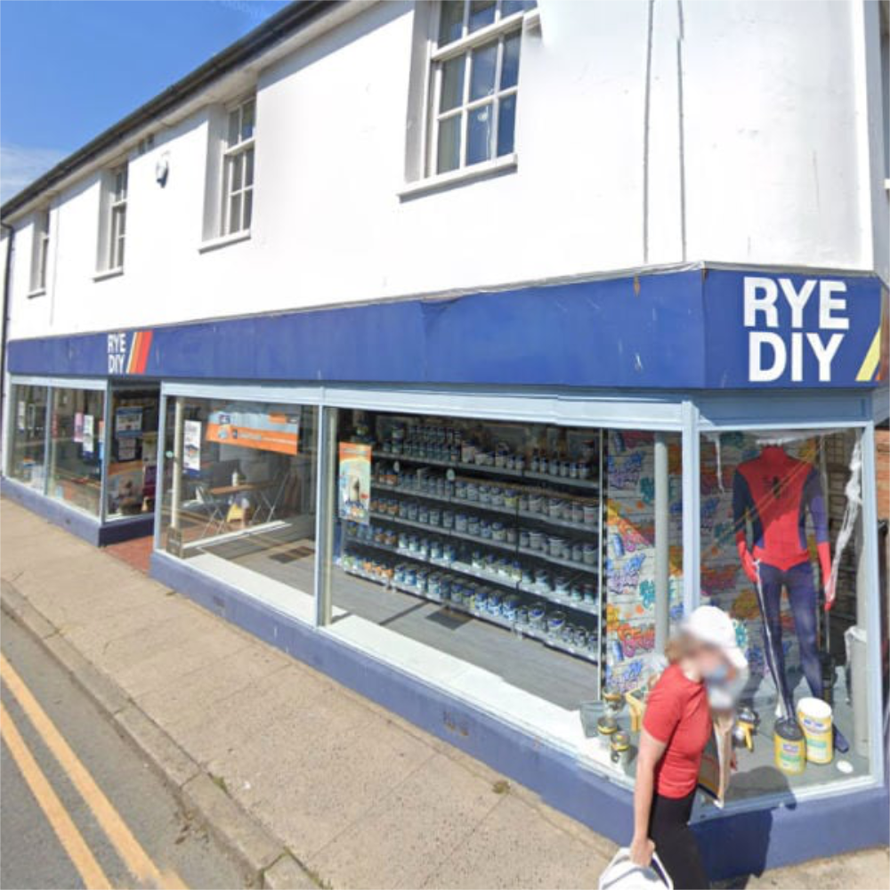 LDM Trade Paints Storefront with 'RYE DIY' branding on a clear day on Cinque Ports Street
