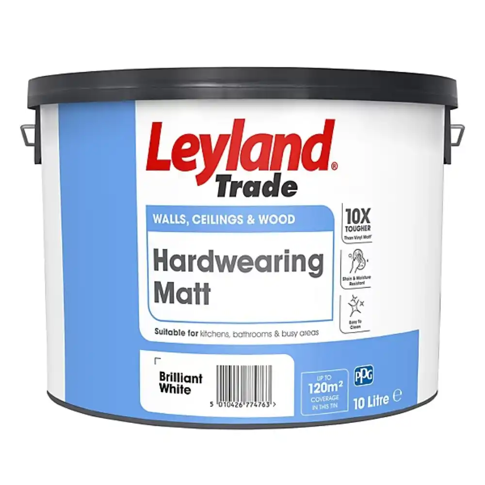 Leyland Trade Hardwearing Matt Brilliant White 10L – durable matt emulsion for high-traffic walls 10L