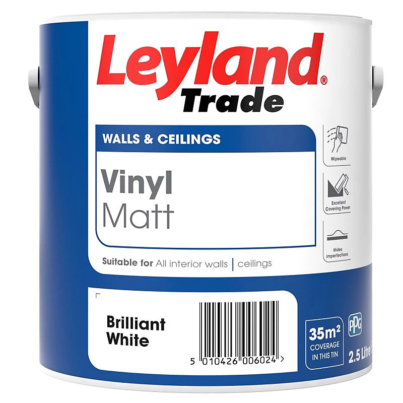 Leyland Trade Vinyl Matt Emulsion Paint – Brilliant White (1L–10L)