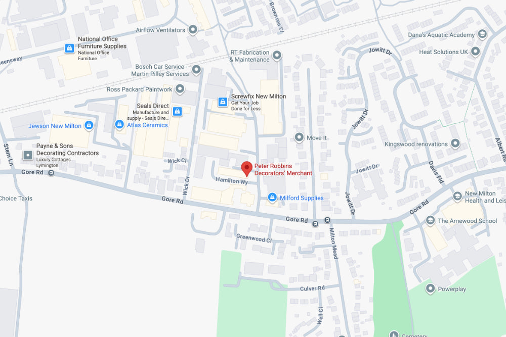 Map of the New Milton area with a red marker indicating 'Peter Roberts Decorator Merchant' on Hamilton Way