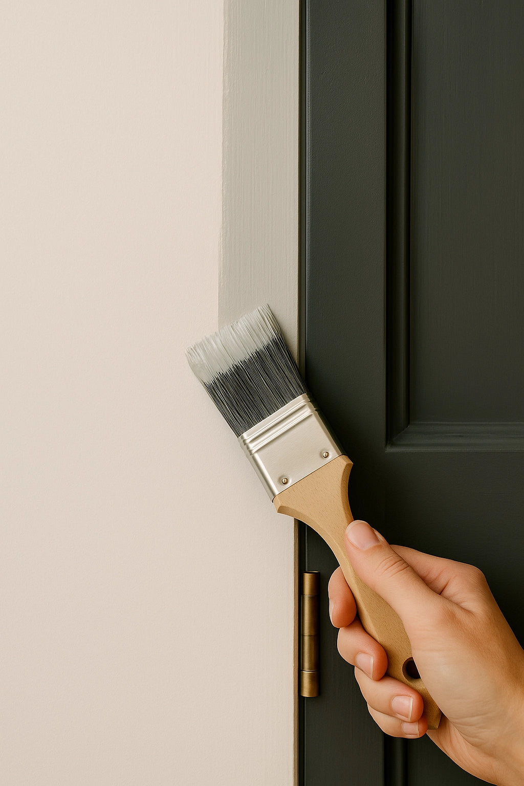 Hand holding a paintbrush against a dark green door